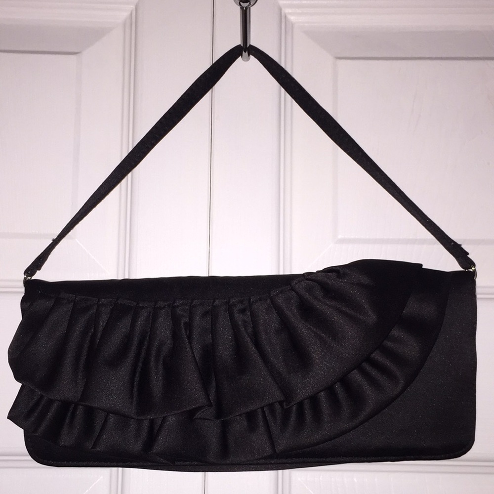 Le Chateau Ladies Black Satin Formal Dressy Purse Handbag Ruffled Detail…